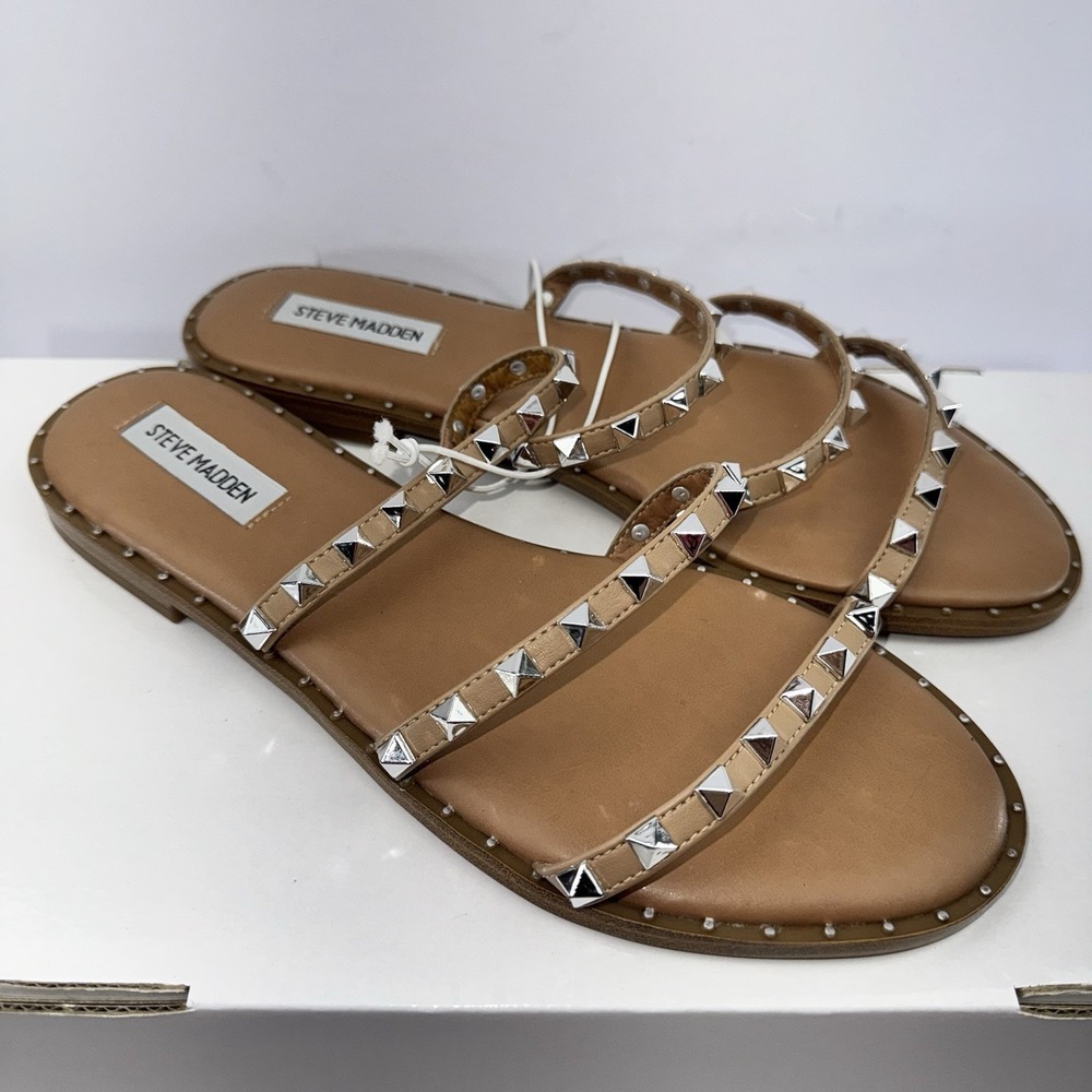 STEVE MADDEN Tan Sandals Lodell Women's Size 10 Slip-On Pyramid Studded 3-Strap